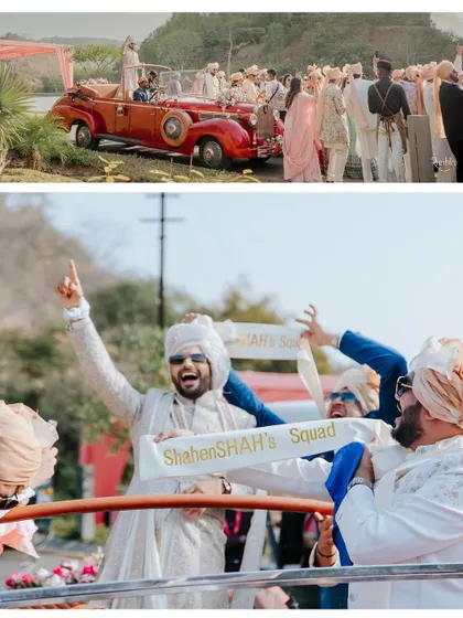 The groom's squad, or 'ShahenSHAH's Squad', arrives in style in a vintage red car for the baraat. We love adding these personalized, fun touches to the celebration.