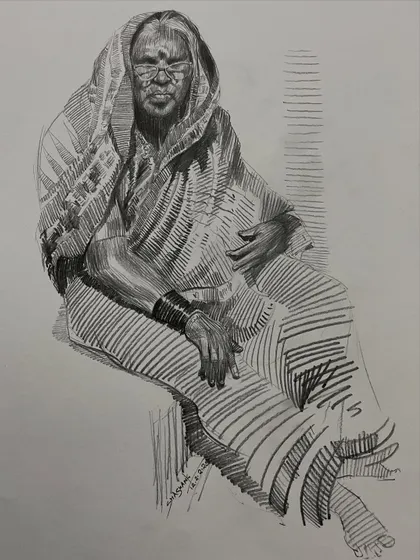 A powerful pen and ink sketch of an elderly woman, using cross-hatching to render the deep textures of her skin and clothing.