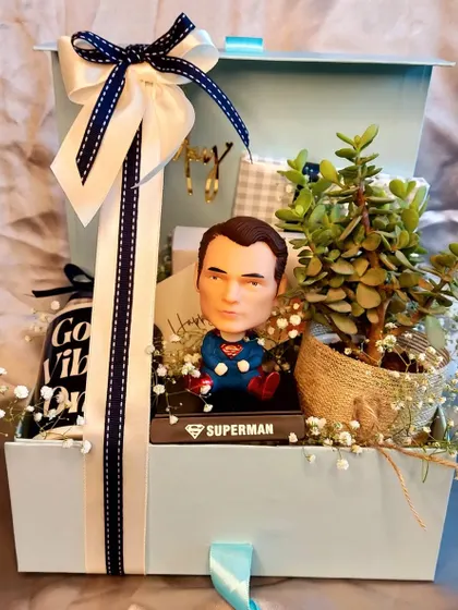 A gift for him that is both fun and thoughtful. This hamper includes a Superman bobblehead, a live plant for his desk, and other goodies in a sleek blue box.