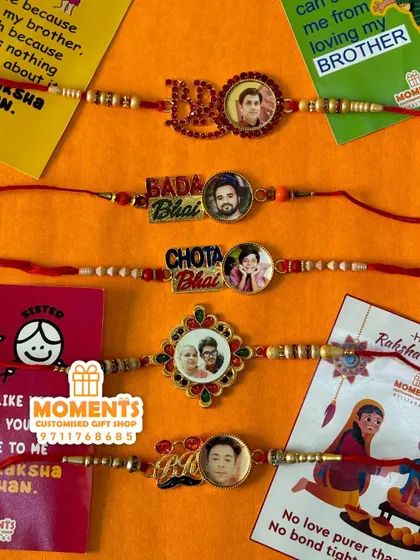 We have a variety of metal photo rakhis with different themes like 'Bro,' 'Bada Bhai,' and 'Chota Bhai.' You can add any photo to make it special.
