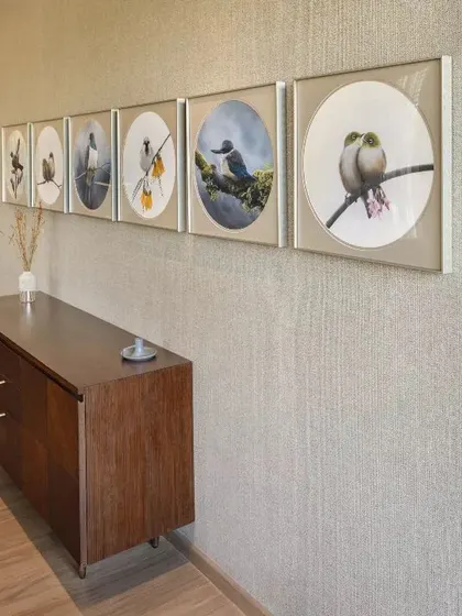A hallway in the Max128 apartment with a long credenza and a series of bird paintings, showcasing how art can animate transitional spaces.