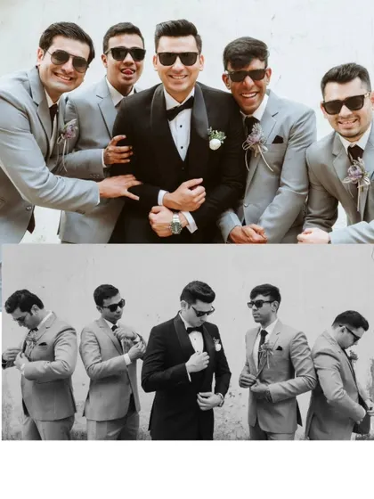 The groom and his groomsmen looking sharp and stylish. These portraits capture the camaraderie and cool confidence of the groom's party.