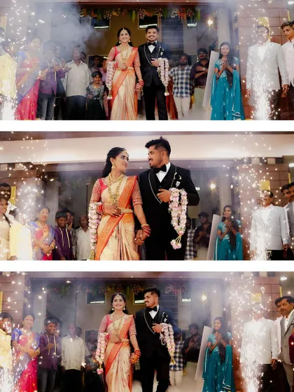 The grand entrance surrounded by family and sparklers. This collage captures the energy and excitement of the couple's reception celebration.