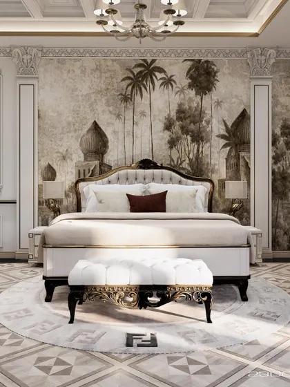 A frontal view of the classically themed bedroom, where the majestic bed is flanked by Corinthian-style columns and a coffered ceiling. The design transports you, creating a room that feels both grand and deeply personal.