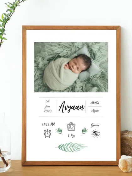 Another view of Avyaan's beautiful birth stat frame, showing how it looks as a piece of decor on a shelf. It's more than a frame; it's a story of a new beginning.