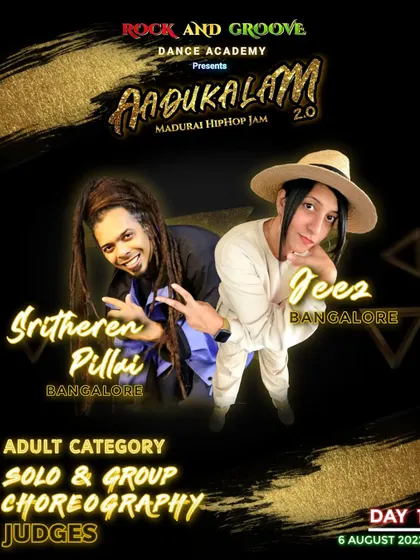 On the judging panel for both solo and group choreography at 'Aadukalam 2.0' in Madurai. My expertise covers everything from individual performance to large group dynamics, ensuring every dancer on stage moves as one.
