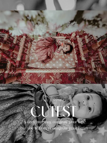 A creative collage from a naming ceremony, blending a color photo with a black and white close-up of the baby. The image captures the infant's innocent gaze and the festive setting.