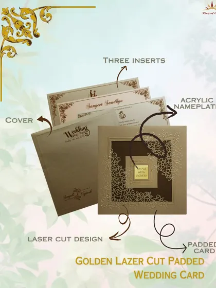 Experience luxury with our Golden Laser Cut Padded Wedding Card. It features a premium padded design, intricate laser-cut detailing, and an acrylic nameplate.