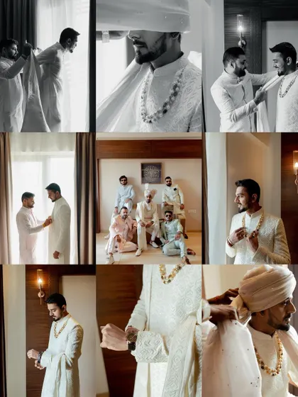 A collage dedicated to the groom and his groomsmen getting ready. It captures the moments of friendship, support, and final preparations before the ceremony.