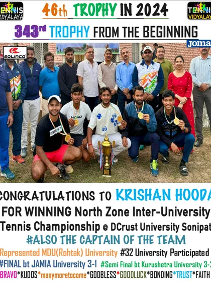 Krishan Hooda winning the North Zone Inter-University Tennis Championship as the captain of his team.