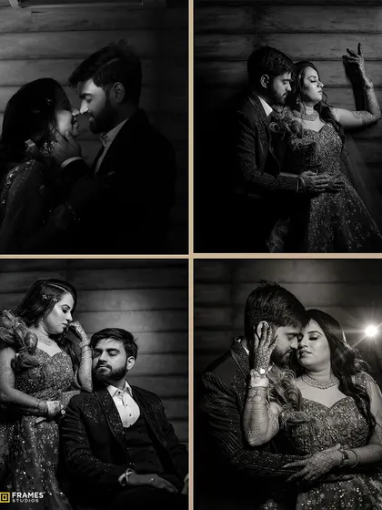 A collage of black and white photos from the same couple's photoshoot. The groom's three-piece suit looks timeless and elegant in these artistic shots.
