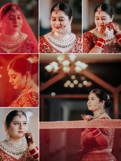 A grid of portraits showing the bride's expressions and details of her look. The red tones and soft lighting create a warm and romantic feel.