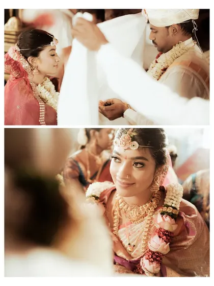 A collage of tender moments from a Hindu wedding ceremony, capturing the couple's loving glances and the sacred rituals.