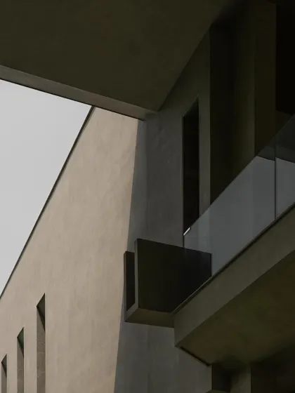 Close-up details of the concrete facade, showing the interplay of sharp angles, deep recesses, and smooth surfaces. These shots emphasize the building's sculptural and tactile qualities.