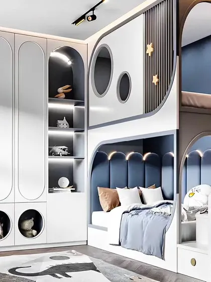 This creative bunk bed design is perfect for a shared kids' room, with playful curves and integrated shelving. The design maximizes space while providing a fun and imaginative area for both sleep and play.