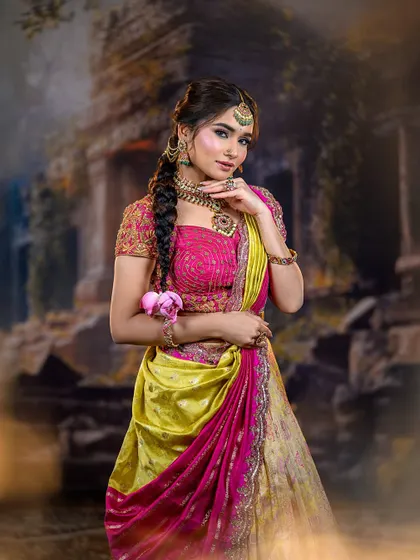 The model strikes a traditional pose, showcasing the unique drape of her outfit and the intricate jewelry.