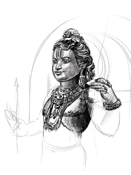 A work-in-progress sketch of Ram Lalla. Here, you can see more details being added to the chest and arms, showing the gradual development of the artwork.