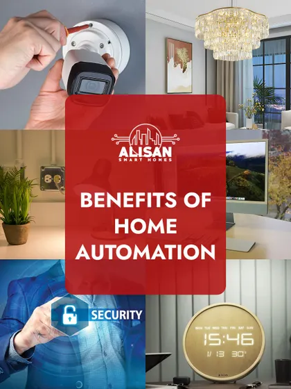This collage highlights some of the many benefits of home automation, from improved security and elegant lighting to convenient scheduling and control.