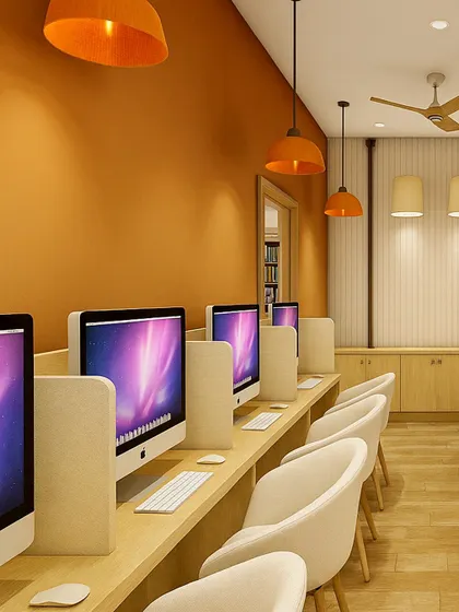 This digital workspace at Queen’s College, Indore, was designed for focus and ergonomic comfort. The bold terracotta accent wall and matching pendant lights energize the space, while the light wood desks and privacy panels ensure a functional study environment.