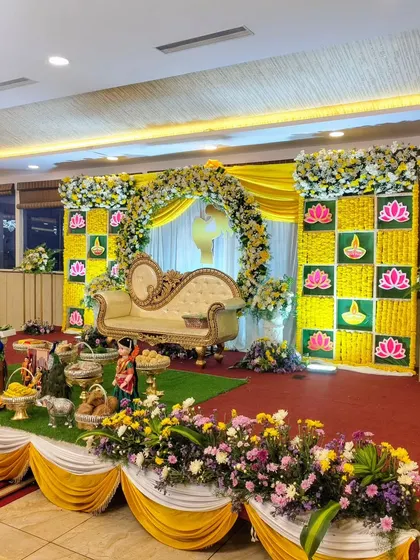 A wide shot showing the guest seating and the baby shower stage.