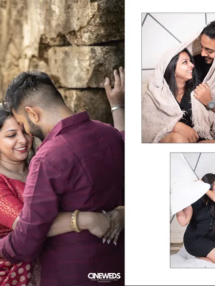 A collage showing a couple's cozy and intimate moments during their pre-wedding shoot, from a playful pillow fight to a quiet embrace under a blanket.
