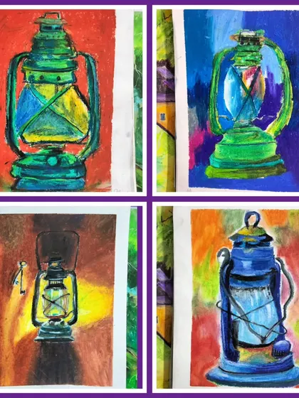 A close up of four different oil pastel lantern artworks. You can see the different techniques students use for blending and texture.