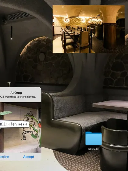 This creative edit shows the unique, cavernous seating we designed for 'Call Me Ten'. The custom-molded booths are a testament to our ability to create truly bespoke furniture for any theme.