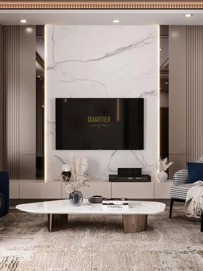 This render for ATS Rhapsody shows a TV unit with a Statuario marble-look panel, flanked by tinted mirrors and louvers. The design includes a tall, backlit glass cabinet for displaying books and decor.