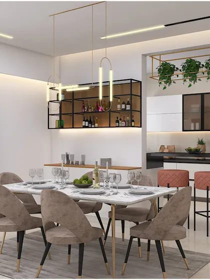 An open-plan dining and kitchen concept with a stylish breakfast bar and hanging shelves for a modern, industrial touch.