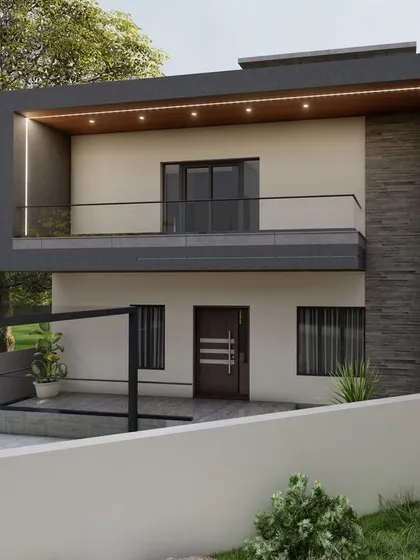 A proposed design for a client in Shimoga. This modern house features a dark grey color scheme with stone accents and a prominent balcony.