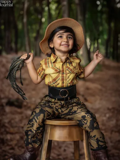 A happy little cowgirl, smiling brightly in her adventurous outfit. This shot is full of joy and imaginative play.