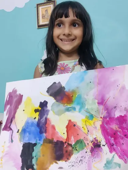 A duplicate of ID 75, this student's joyful expression says it all about her experience creating this abstract piece in our online class.