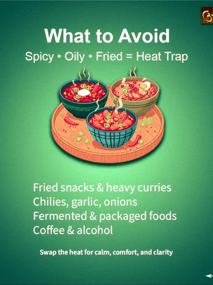 To avoid trapping heat in your body, it's best to avoid certain foods. This includes spicy, oily, and fried snacks, heavy curries, and fermented foods, all of which can aggravate the Pitta dosha.