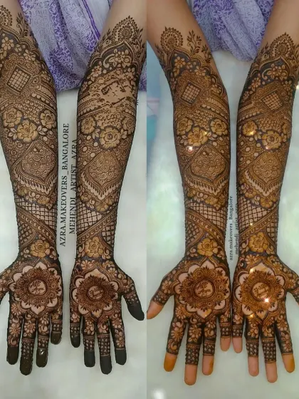 A collage showing two different angles of a full bridal mehendi, highlighting the mandala on the palm and the detailed arm work.