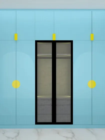 This is the final 3D render for a wardrobe with CNC cut designs. The combination of blue shutters with yellow circular and pull handles creates a unique and modern aesthetic.