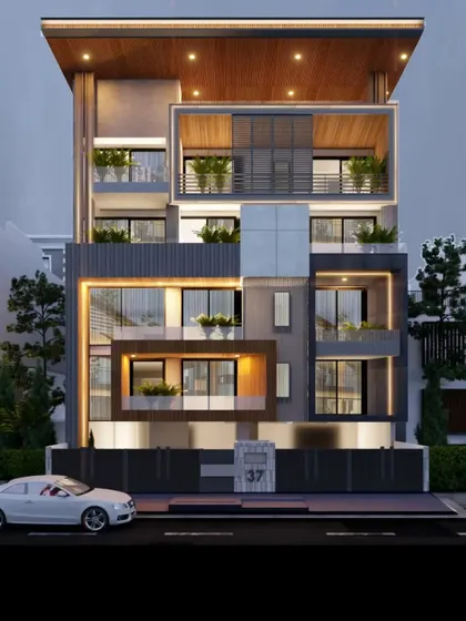 A night-time rendering of a residential building, highlighting the lighting design. We use layered lighting to accentuate architectural features, illuminate pathways, and showcase the integrated planters on the facade.