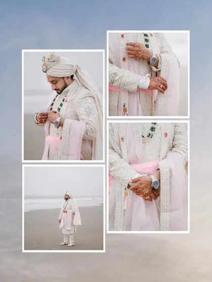 A collage of the groom's beach portraits, showing him adjusting his sherwani and posing against the serene sea and sky.
