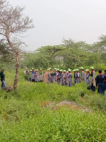 Children from local Pathshalas in Gurgaon join the Bry-Air team for a nature walk through Aravali Nagar Van, learning about the forest they are helping to restore.