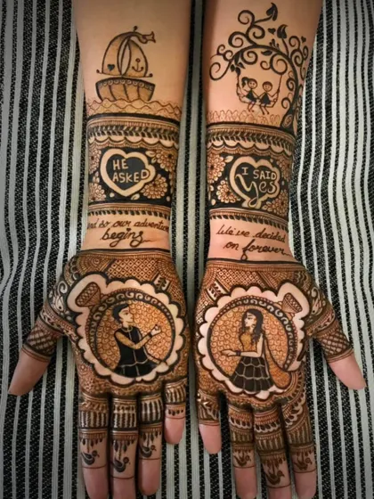 Your mehndi can tell your personal story. For this bride, we included portraits and sweet messages like "He asked" and "I said yes" to make her design truly unique and a celebration of her journey.