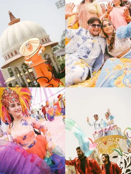 The color and energy of a carnival-themed wedding event. This collage showcases the vibrant costumes, festive decor, and the couple's grand entrance.