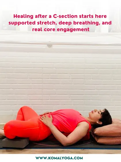 Healing after a C-section begins with softness and breath. Here, I am demonstrating a supported restorative pose using pillows and blocks to gently open the hips and release tension in the lower back. Placing hands on the belly helps reconnect with the deep core muscles through mindful breathing.