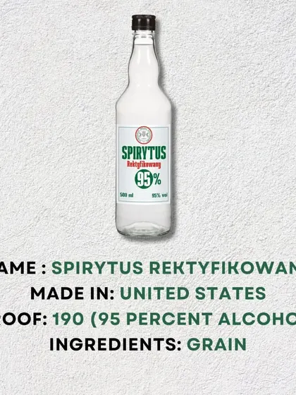 More details on Spirytus Rektyfikowany. We provide the key facts: it's a grain-based neutral spirit from the US with 95% alcohol content (190 proof).