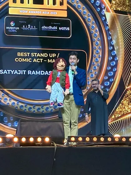 Accepting the award for 'Best Stand Up / Comic Act - Male' on the grand stage of WOW Awards Asia 2023.