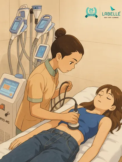 We believe our treatments should be a comfortable and wonderful experience. This artistic illustration shows a client peacefully receiving an Ultra Cavitation treatment on her stomach.