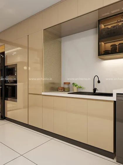 A closer look at the appliance wall, with a smart refrigerator and ovens framed by sleek cabinetry and a textured panel.
