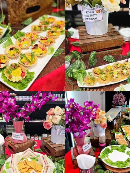 A collage of our hi-tea setup for a brand launch, showing the beautiful presentation of chaat bites, sandwiches, and floral decor.