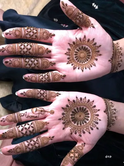 A pair of hands with beautiful matching mandala designs. The fingers are decorated with intricate geometric patterns, creating a complete and symmetrical look.