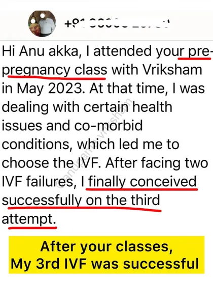 This student faced two IVF failures but conceived successfully on her third attempt after attending my classes. Never stop helping your body, no matter which path you are on.
