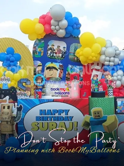 Suraj celebrated his sixth birthday with this awesome Roblox and gaming theme. The colorful setup featured characters from the game, a robot, and a giant controller prop, perfect for a young gamer.