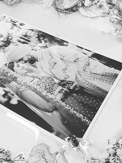 Varmala preserved for a newlywed couple. This is a black and white shot of the piece before the final touches, with the final picture coming soon.